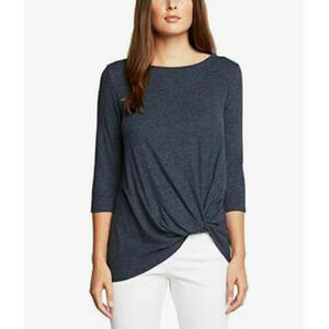 Matty M Blue Knit Twist Front Top Women’s Size L 3/4 Sleeve Soft Stretch Casual